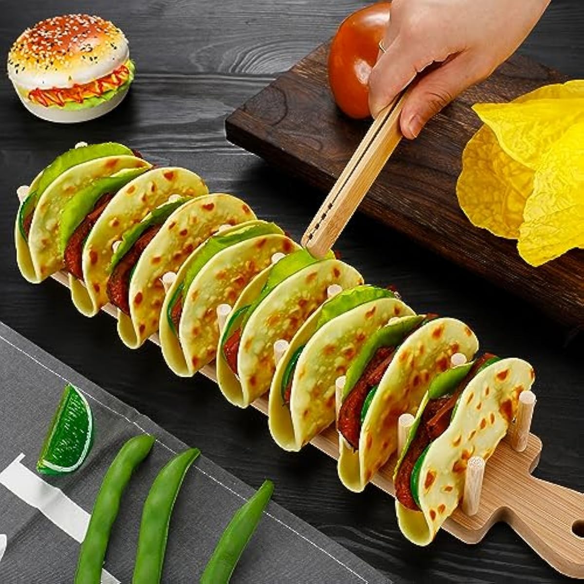 Bamboo Taco Serving Rack Set 4 - Wooden Serving Tray 评论和价格