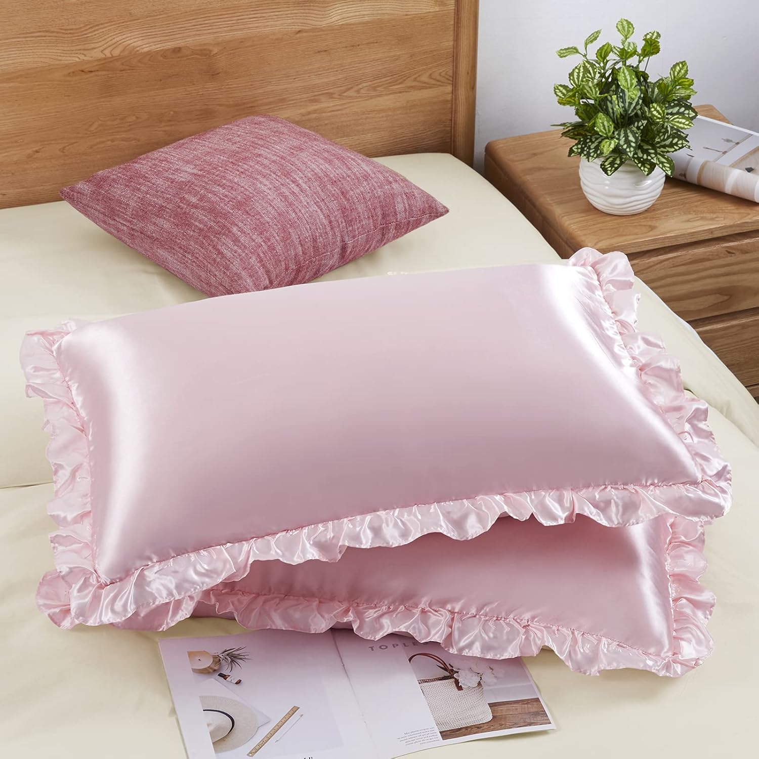2Pcs Satin Ruffled Pillow Case - Silk Pillowcase Set 评论和价格